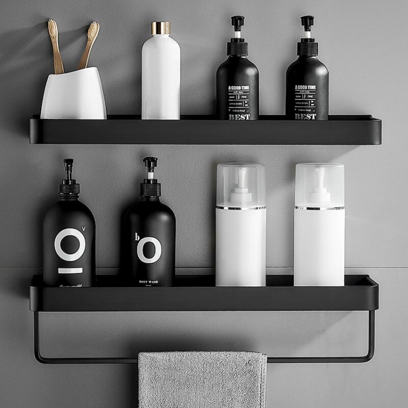 Towel Shower Storage Rack Black Corner Shelves Wall Shelf Aluminum Shampoo Holder No Drill Kitchen Bathroom Shelf Organizer