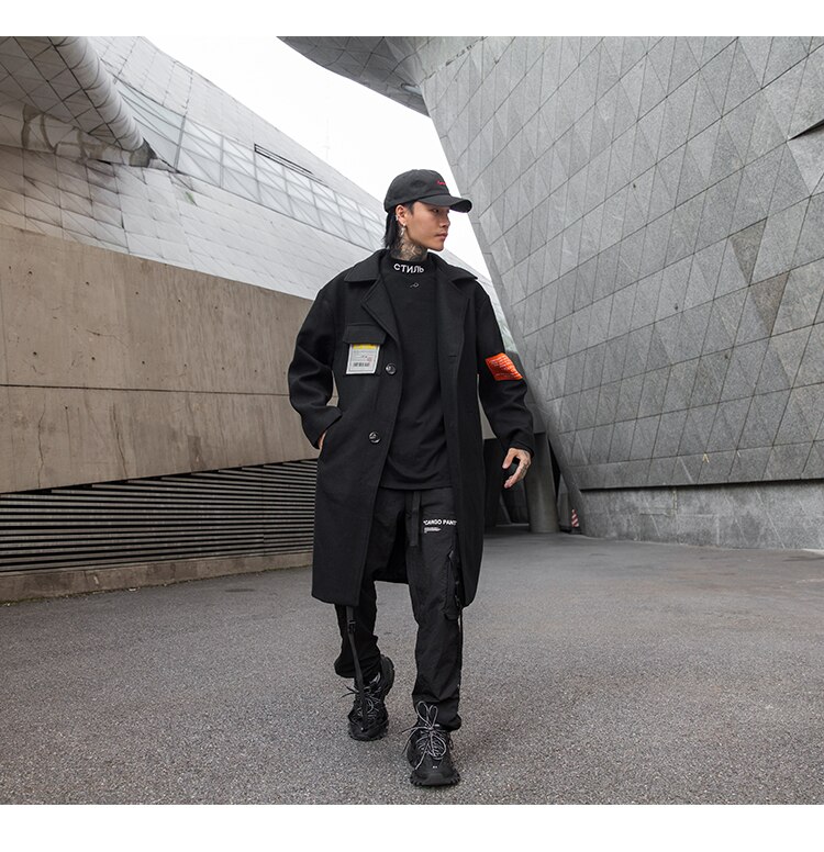 Punk rock Long woolen trench coat men Black Loose Autumn Winter