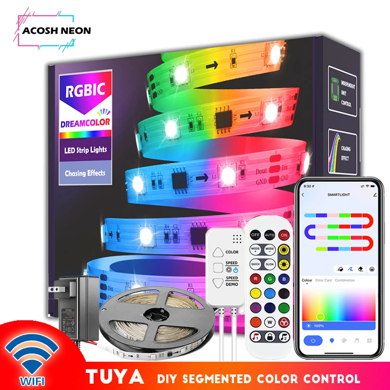 WS2811 Dreamcolor LED Strip Lights 32.8ft RGBIC TUYA Led Light WiFi Smartlife App Smart Music Sync Light Strip For Home