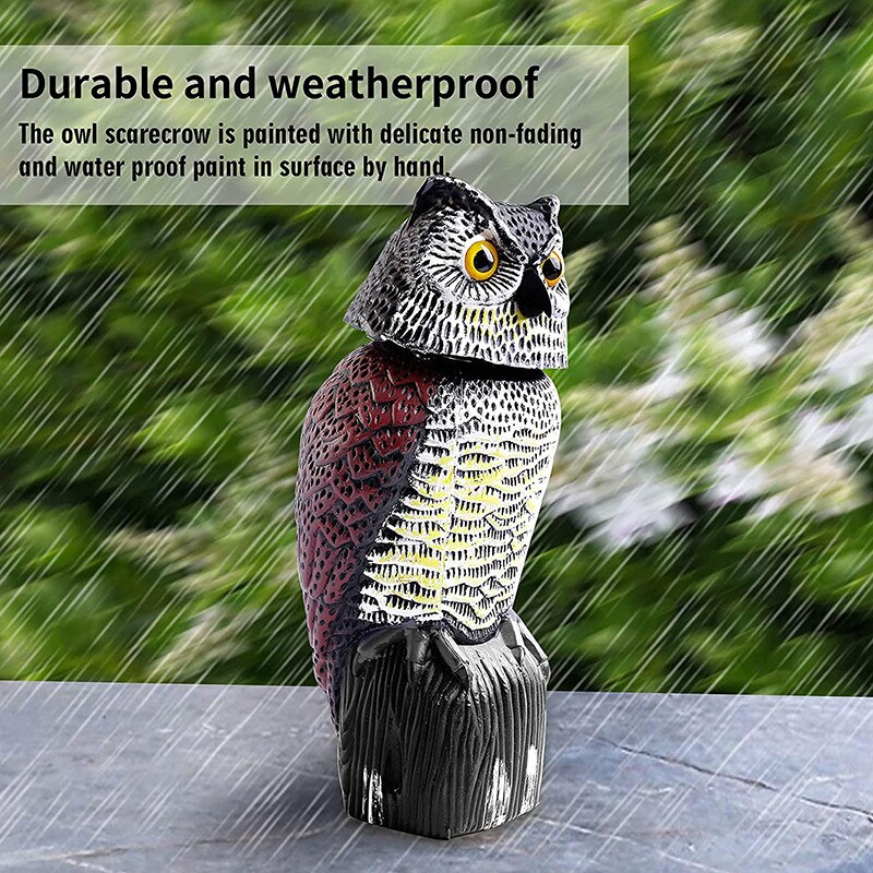 Señuelo de búho para ahuyentar a los pájaros, espantapájaros de plástico con cabeza giratoria y sonido, repelente de aves para jardín y patio al aire libre