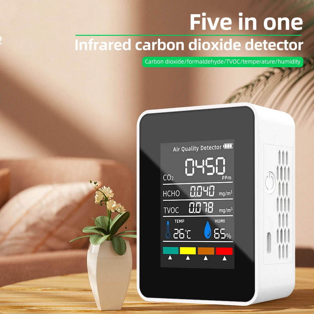5-in-1 digitale luchtkwaliteitsmonitor CO2 HCHO TVOC Vochtigheids- en temperatuurmonitor CO2-tester LCD oplaadbaar