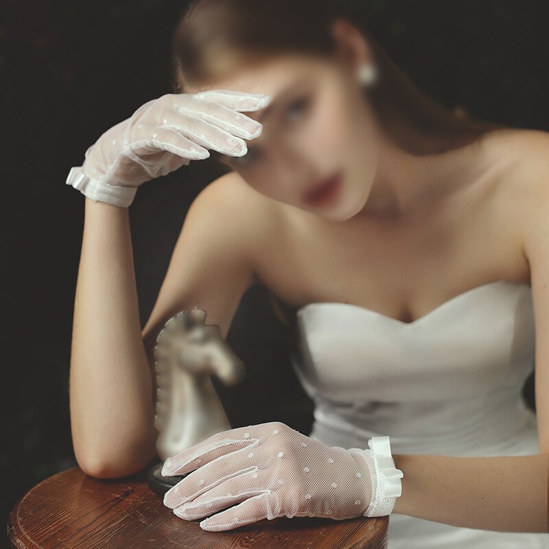 Women Gloves Lace Full Finger Gloves Short Tulle Gloves Etiquette Gloves Stretchy Lotus Leaf Sheers Black Mittens Wedding Gloves