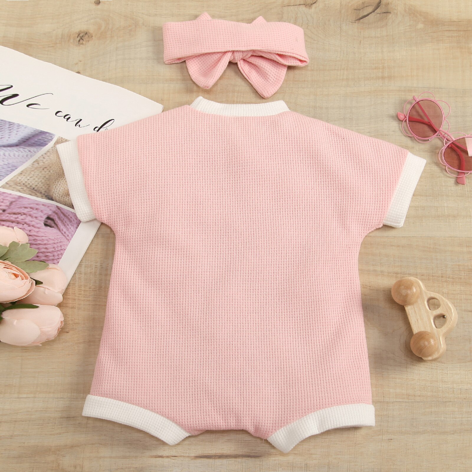 2022 Summer Cute Infant Baby Girls Boys Romper Outfits Patchwork Waffle Short Sleeve Jumpsuit Playsuit+Bowknot Headband Set