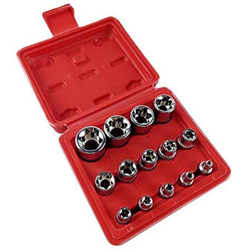 14Pcs/Set E Torx Star Female Bit Socket Set 1/2inch 3/8inch 1/4inch Drive E4 - E24 Repair Tool Hand Tool Set