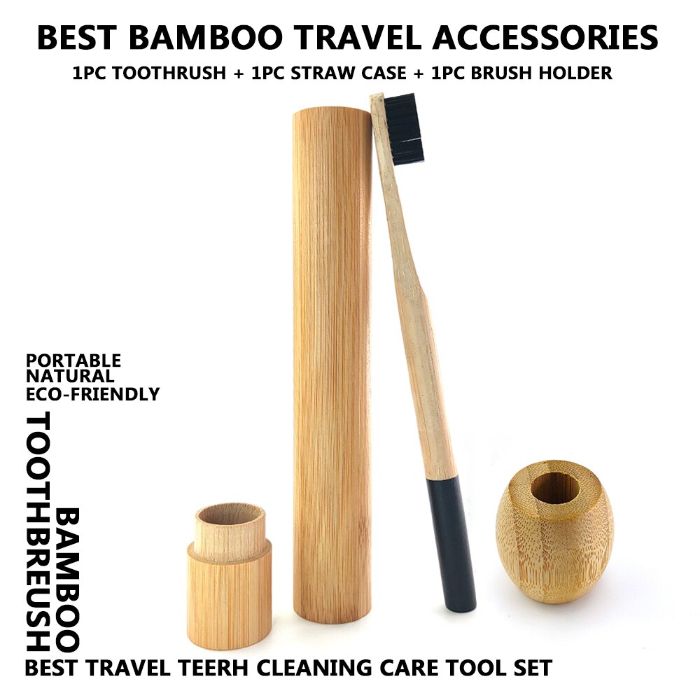 Colorful Column Bamboo Toothbrush Top Flat Portable Travel Set with Bamboo Tube Bamboo Case Natural Wooden Toothbrush Holder: Black