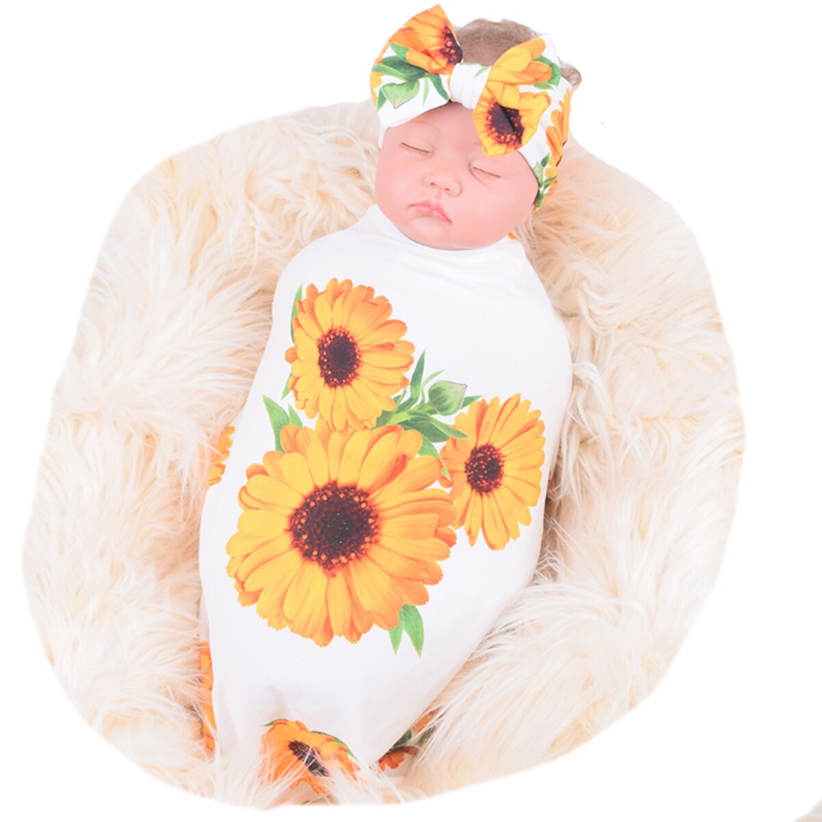 Newborn baby 2-piece sleep cover, cute printed baby blanket + bow hair band, delicate, soft and breathable: White