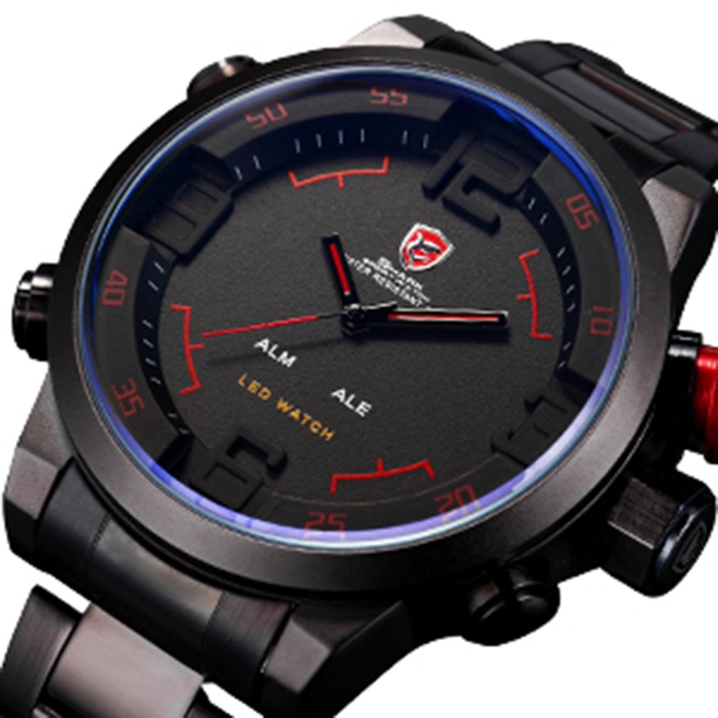 Sh2309 heren sporthorloges met stalen band, ip-horloge met kwarts en dubbele weergave, polshorloge voor buitengebruik