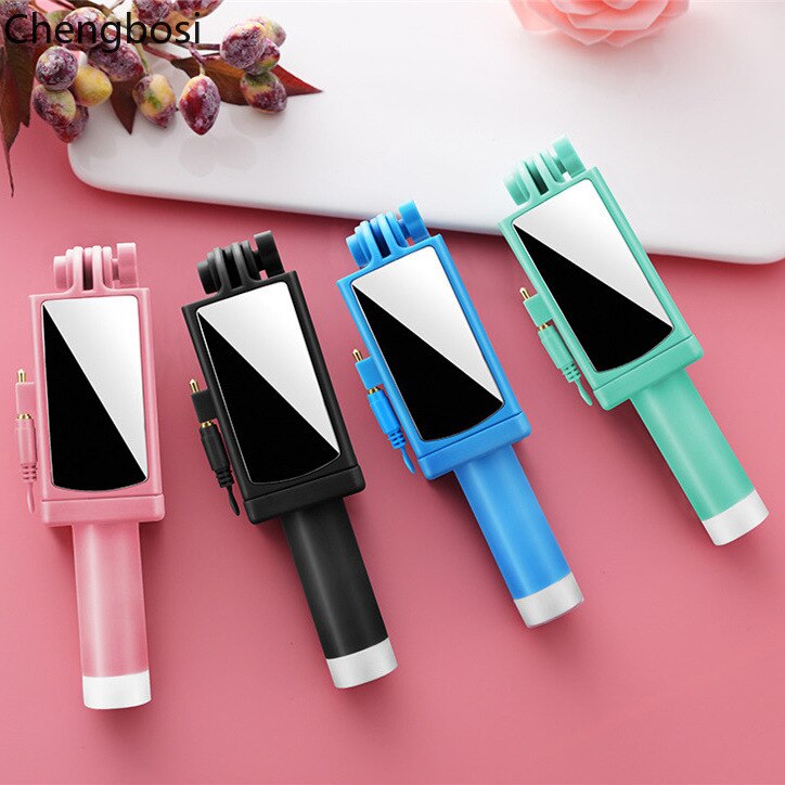 Universal wired selfie stick with mirror for iphone 6 5 xiaomi android phone, candy monopod, palo selfie stick tripod holder