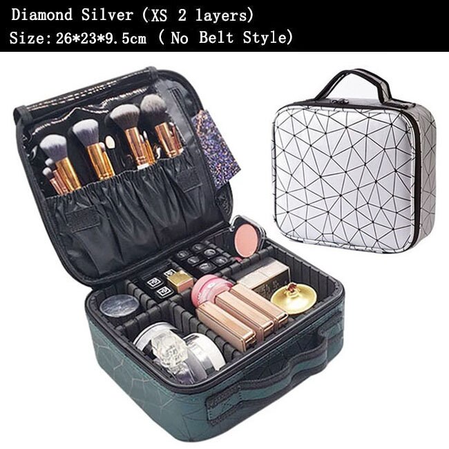 Kobiety PU skóra makijaż torba profesjonalny Manicure artysta torba na kosmetyki kobiece zestawy pełny Organizer na kosmetyki wózek Beauty Box: Diamond Silver XS