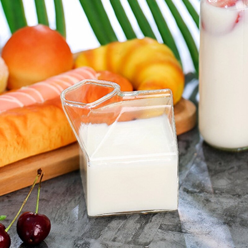 250ml Milk Carton Half Milk Cup Box Mini Creamer Jug Glass Milk Mug Cream Cup Transparent Glass Cup