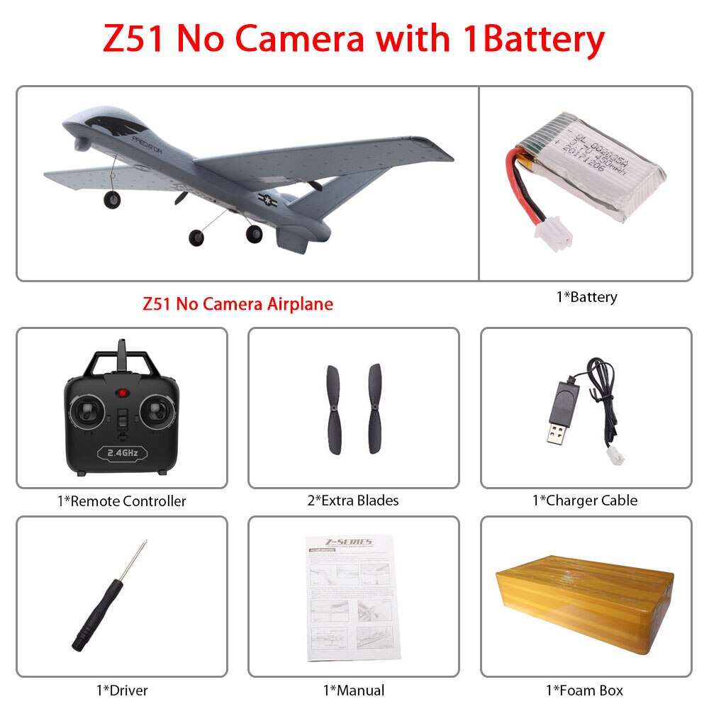 RC Airplane Plane Z51 with 2MP HD Camera or No Camera 20 Minutes Fligt Time Gliders With LED Hand Throwing Wingspan Foam Plane: Z51 1B foam box