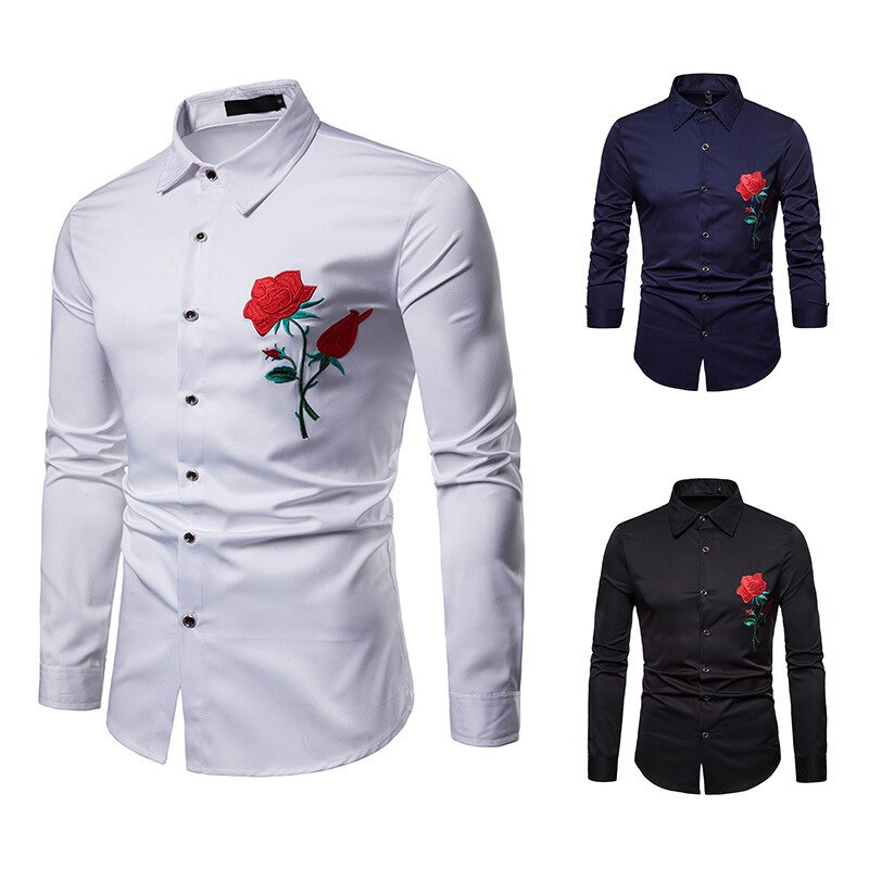 PYJTRL homme Rose broderie chemise à manches longues