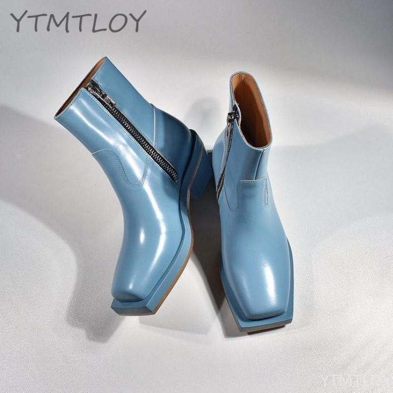 moto Western bottes femmes en cuir court talons hauts chaussons Botas cheville chaussures rétro bout carré fermeture éclair