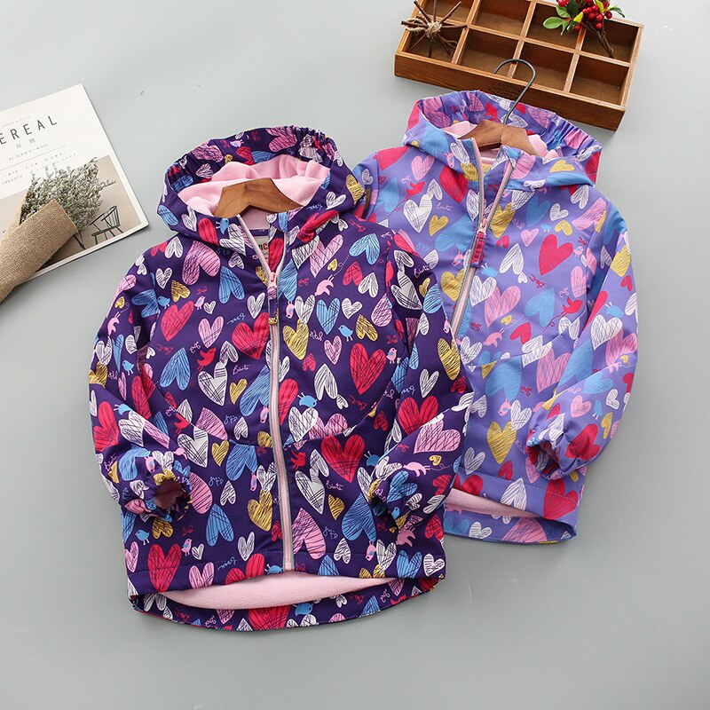 Autumn Winter Fleece Jacket Girls Kids Outerwear Cute Windbreaker Coats Print heart Pattern Baby Children Clothing