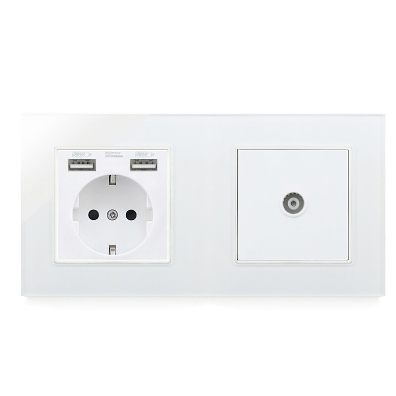 Atlectric de eu stik vægstik dobbelt usb , rj45,  tv port dobbelt stik stik stikkontakt glas panel led indikator: 1 stikkontakt til tv