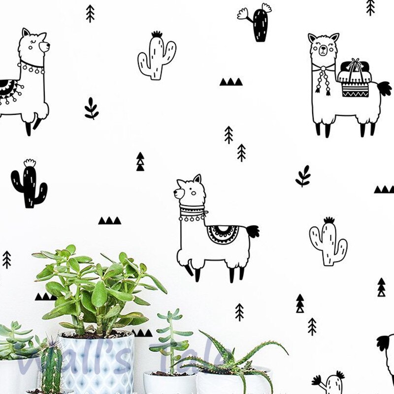 Schattige alpaca en cactus muurstickers kinderkamer decoratie diy mooie lama cactus vinyl kunststicker thuis babykamer muurschildering decoratie
