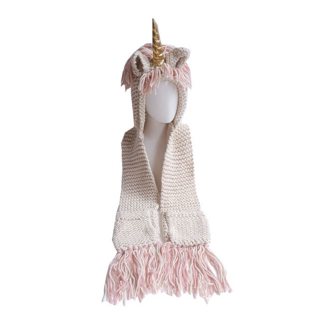 Baby Kint Unihorn Dier Cartoon Hoed voor Meisjes Warm Tassel Hand Made Kleding Winter kinderen Cap kinderen Hoed 2-8 jaar: golden horn
