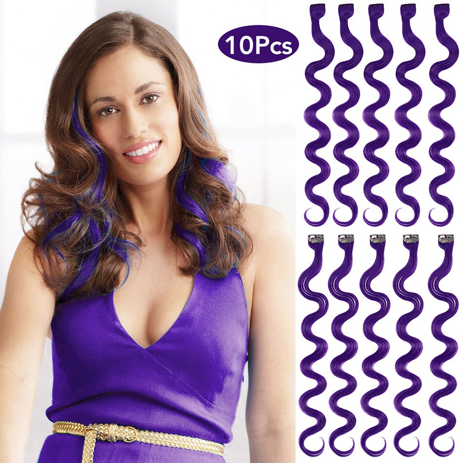 24 Inches Gekleurde Hair Extensions Body Wave 10 Stuks/set Hoge Temperatuur Fiber Haarstukje Clip In Een Stuk Synthetisch Haar: Purple