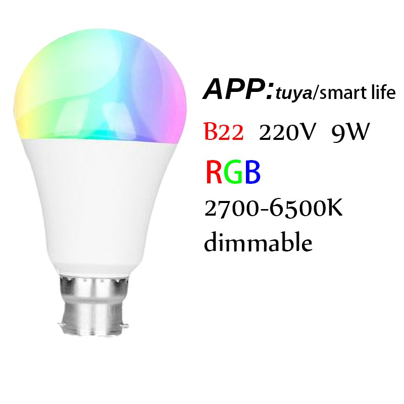 Bombilla inteligente B22 E27, foco Led regulable con Wifi, Tuya/Smart Life, Control por aplicación, funciona con Alexa y Google Home: B22 220V
