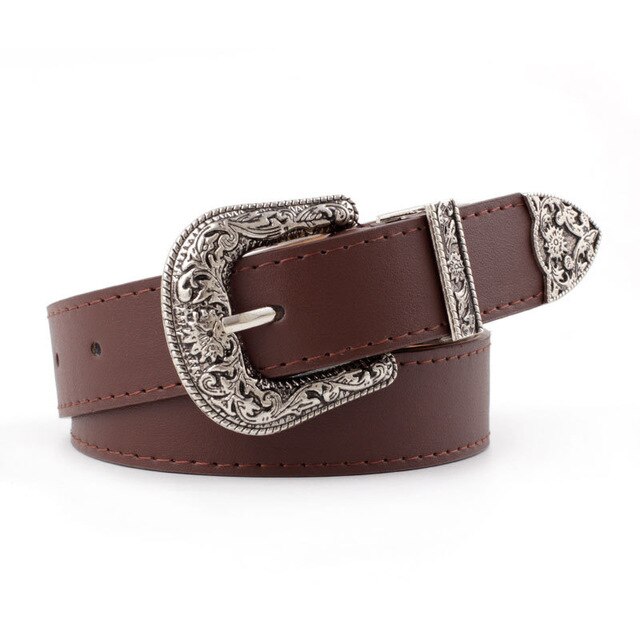 Svart lær kvinner belter vintage western cowgirl kvinnelig belte metall spenne midje belte brun hvit carve damer jeans bukser belter: Kaffe