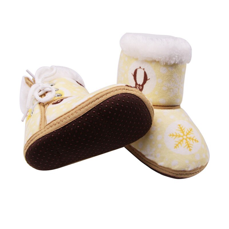 Botas de invierno para bebé, botas para niña recién nacida, suaves y cálidos zapatos de algodón con lazo lateral para bebé con estampado de pingüinos y copos de nieve