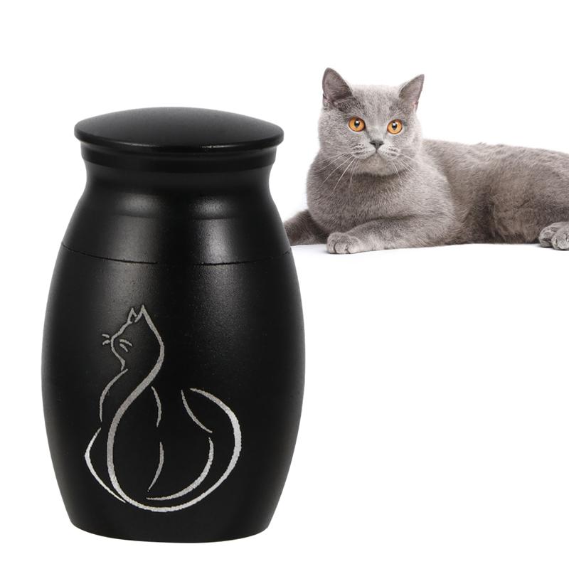 Pot d'urne funéraire en acier inoxydable pour animaux de compagnie contenant d'urne imprimé chaton avec couvercles à vis d'ouverture (noir)