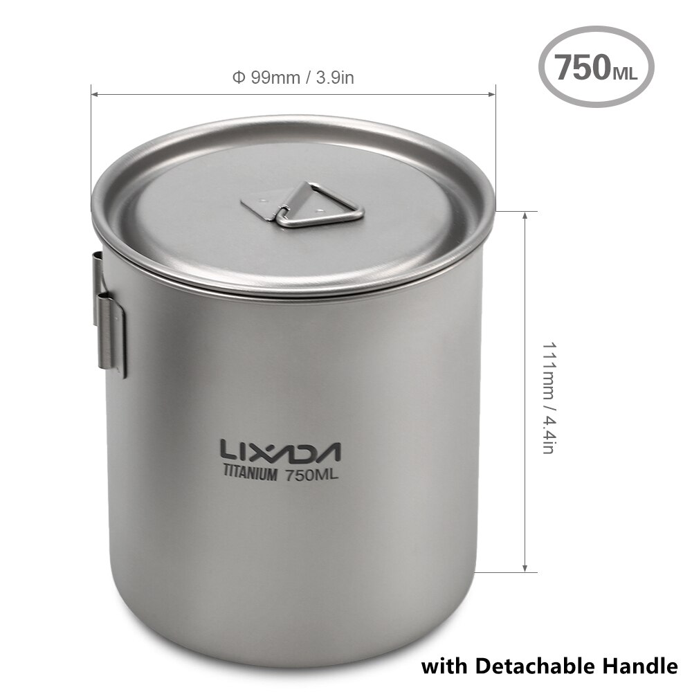 Lixada Titanium Cup Camping Verwarming Mok Servies Lichtgewicht Outdoor Survival Koken Apparatuur Wandelen Kookgerei Picknick Gebruiksvoorwerpen: 750ml Detachable