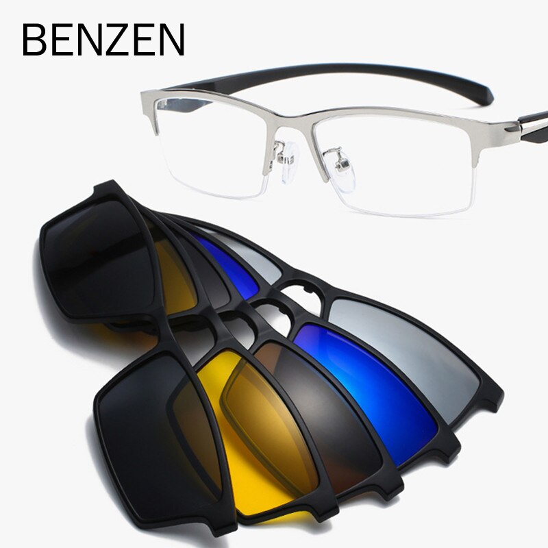 BENZEN 5 In 1 Magnet Polarisierte Clip Brille Rahmen Männer TR90 Optische Myopie Clip Gläser Für Männer Brillen Rahmen B5535
