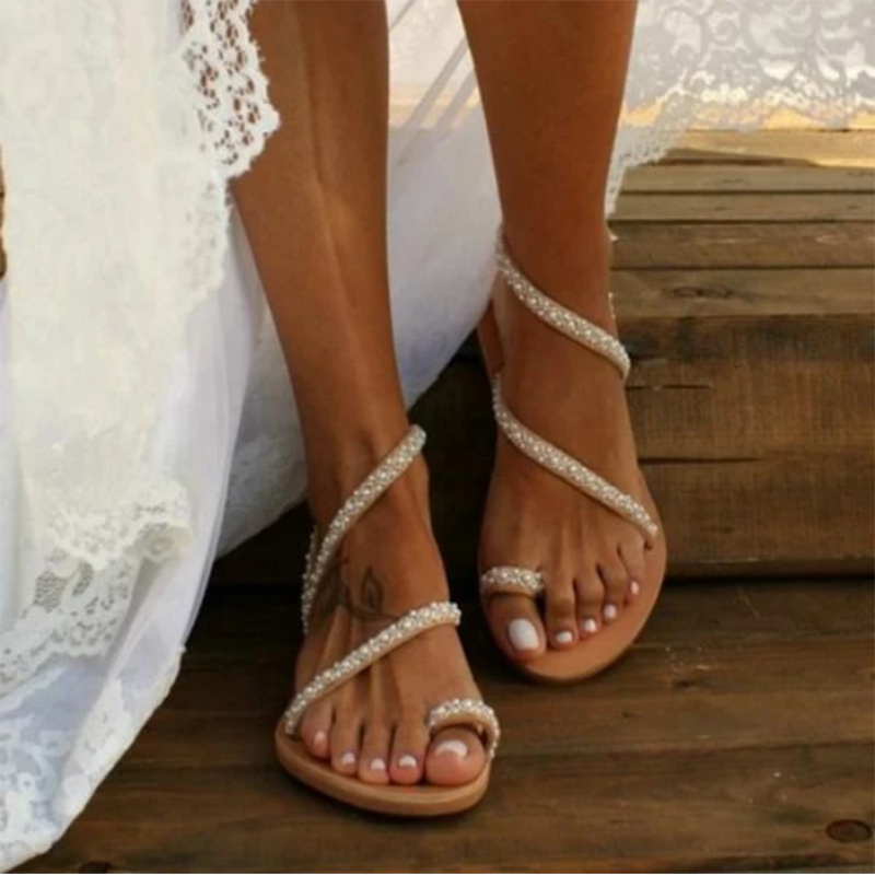 Vrouwen Boho Sandalen Handgemaakte Parel Strand Bruids Schoenen Slip-Op Casual Sandalen 35-44 Size Plus Leuke Bohemian vrouwelijke Platte Sandalen