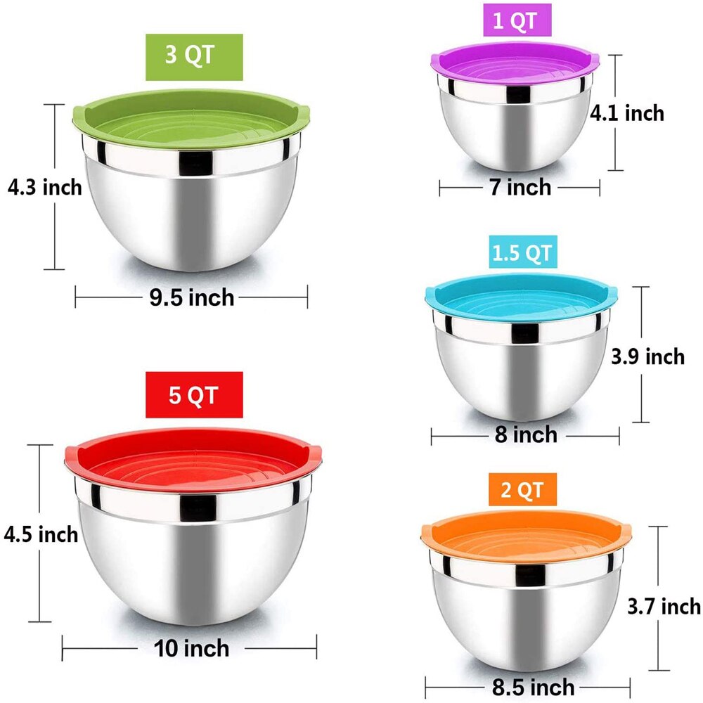 Cuenco de mezcla de acero inoxidable con cubierta de silicona (juego de 5), juego de cuencos antideslizantes para batidos, cuencos de mezcla para cocina de ensalada: 5pcs with cover