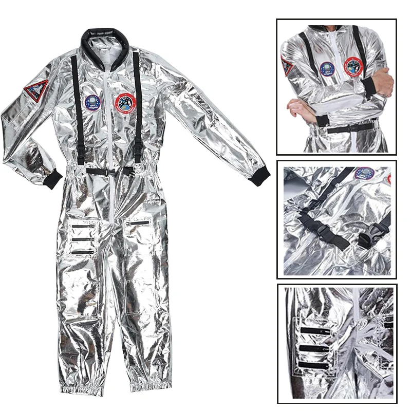 EraSpooky Silver Astronaut Costume Adult for Women Men Cosplay Costumes Spaceman Jumpsuit Space Suit Outfit Halloween: S / black