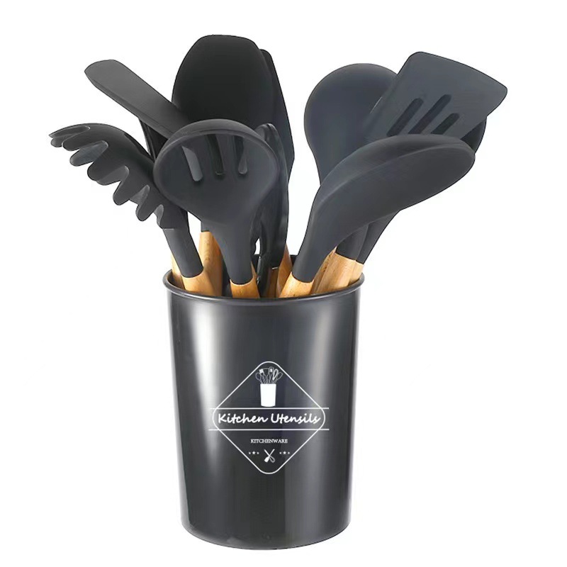 12Pcs Silicone Kitchen Utensils Cooking Wooden Handle Non Stick Pot Kitchenware Set Storage Bucket Silicone Kitchen Utensils: Light Grey