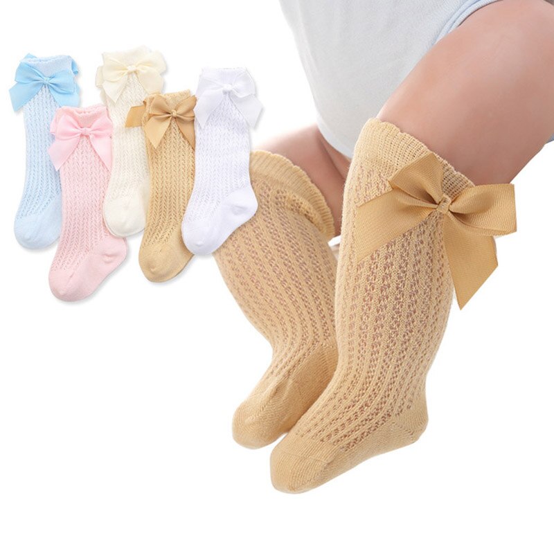 Calcetines de malla hasta la rodilla para bebé, medias de algodón de Color sólido, con bonitos lazos, para niña