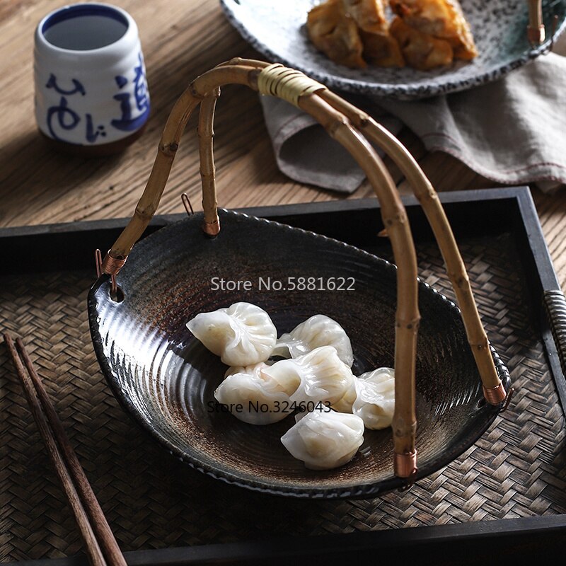 Creatieve Japanse Keramische Plaat Sushi Winkel Hotel Servies Set Borden Draagbare Bamboe Opknoping Plaat Fruit Mand Diner Platen