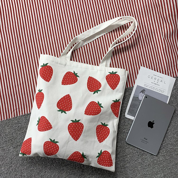 Canvas-einkaufstaschen für damen, erdbeerfarben, schultertaschen für mädchen und studentinnen, großes fassungsvermögen, umweltfreundlich, wiederverwendbar, lässige tragetasche für damen