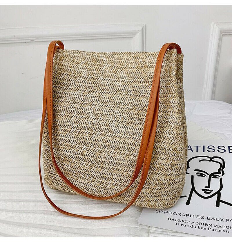 Women Crossbody Shoulder Bag Knitted Straw Messenger Satchel Handbag Bucket Bag