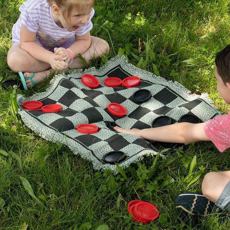 Gigantische 3-- in- -1 damstenen en mega boter-kaas-en-eieren met omkeerbaar kleed - jumbo bordspellen voor binnen en buiten voor familieplezier en feestjes