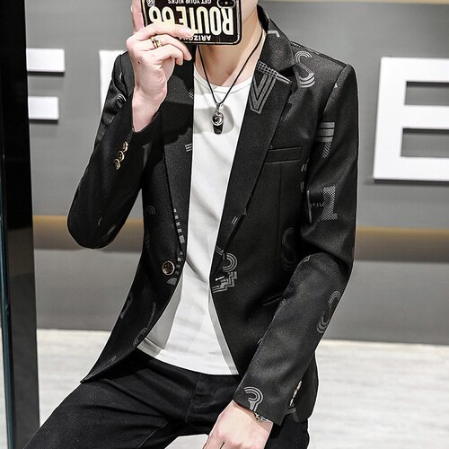 Korean Slim Men Blazers Casual Suit Jacket Autumn Street Wear Social Men Clothing Wedding Business Printing Dress Coat 3XL: black / Asia L 58-63kg