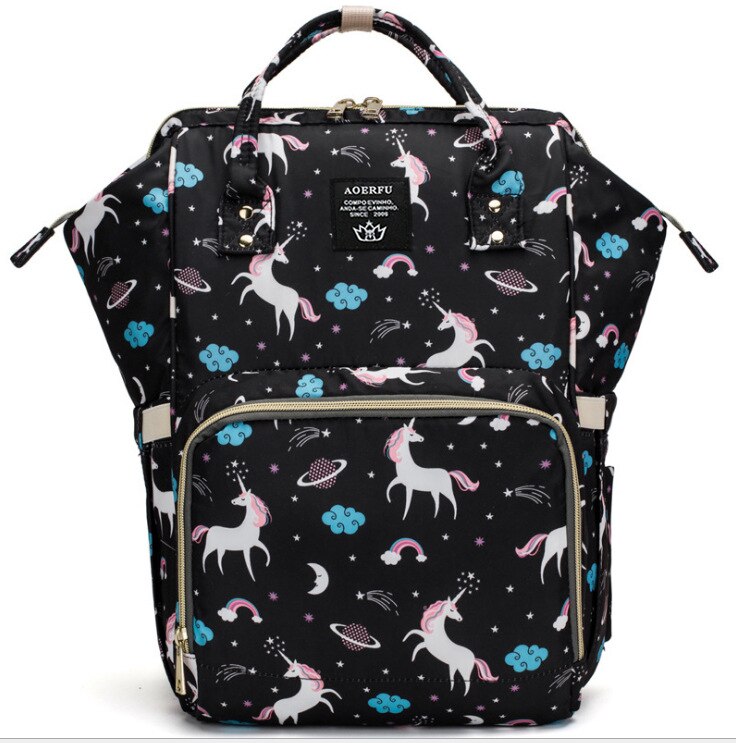 Eenhoorn Gedrukt Mama Rugzak Grote Capaciteit Anti Morsen Multi-Functionele Verpleging Reizen Mother 'S Tas: Unicorn  Black