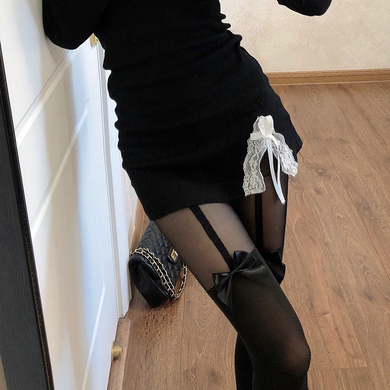 Pantimedias sexys de nailon para mujer, medias con lazo, Lolita, pantimedias de rejilla sin costuras, medias femeninas de estilo japonés, negro