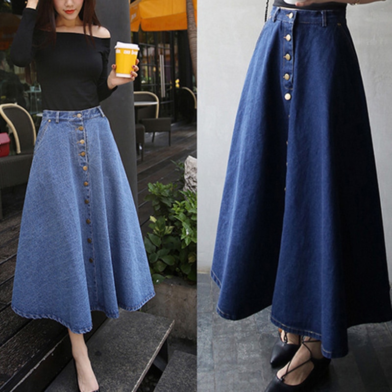 Jeansrok hoge taille dames knoopjes geplooide denim rokken lang casual