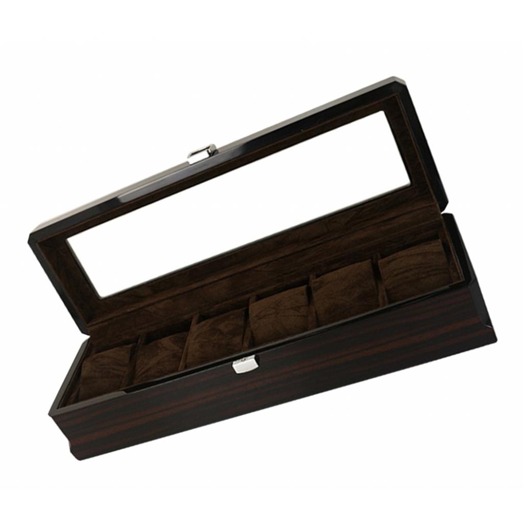 Luxury Wooden Watch Box, 6 Slots Watch Case with Pillow, Classic Glass Topped Wooden Watch Display Case Watch Organizer
