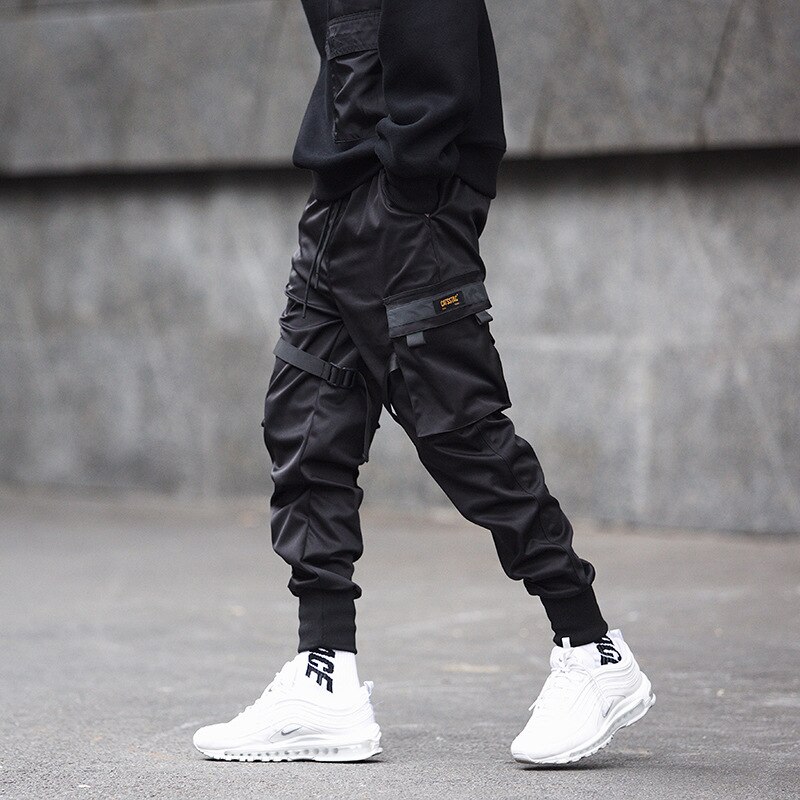 Pantalones Cargo de bolsillo negro para hombre, pantalón de chándal Harajuku, pantalones de chándal, Hip Hop,: M