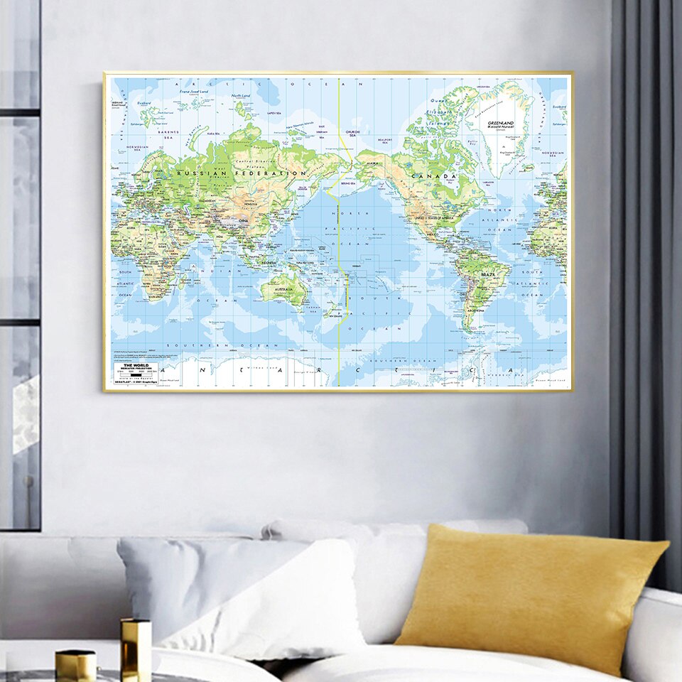 225*150cm The World terrain Map Large Wall Art Poster Non-woven Canvas Painting Kids School Supplies Classroom Home Decor