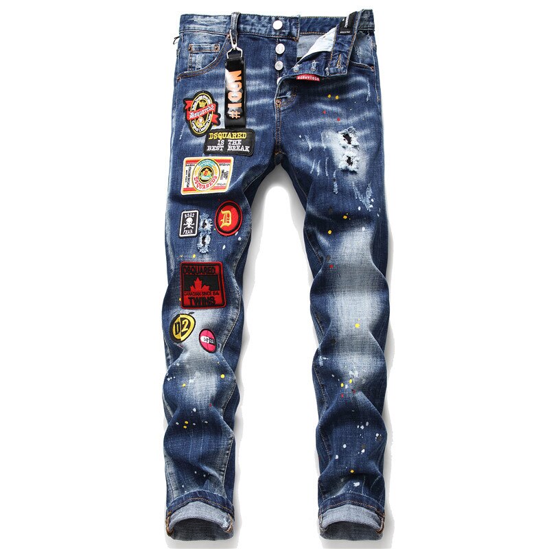Heren Bottom Denim Broek Blauw Borduurwerk Etikettering Verf Ripped Gaten Wilde Esdoornblad Icoon Persoonlijkheid Jeans: 31(46)