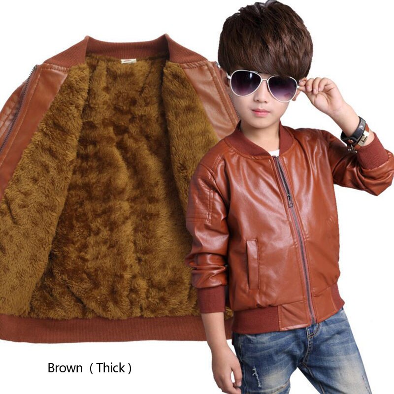 Chaqueta de cuero sintético para niño, abrigo infantil de piel sintética, para invierno: brown thick jacket / 12