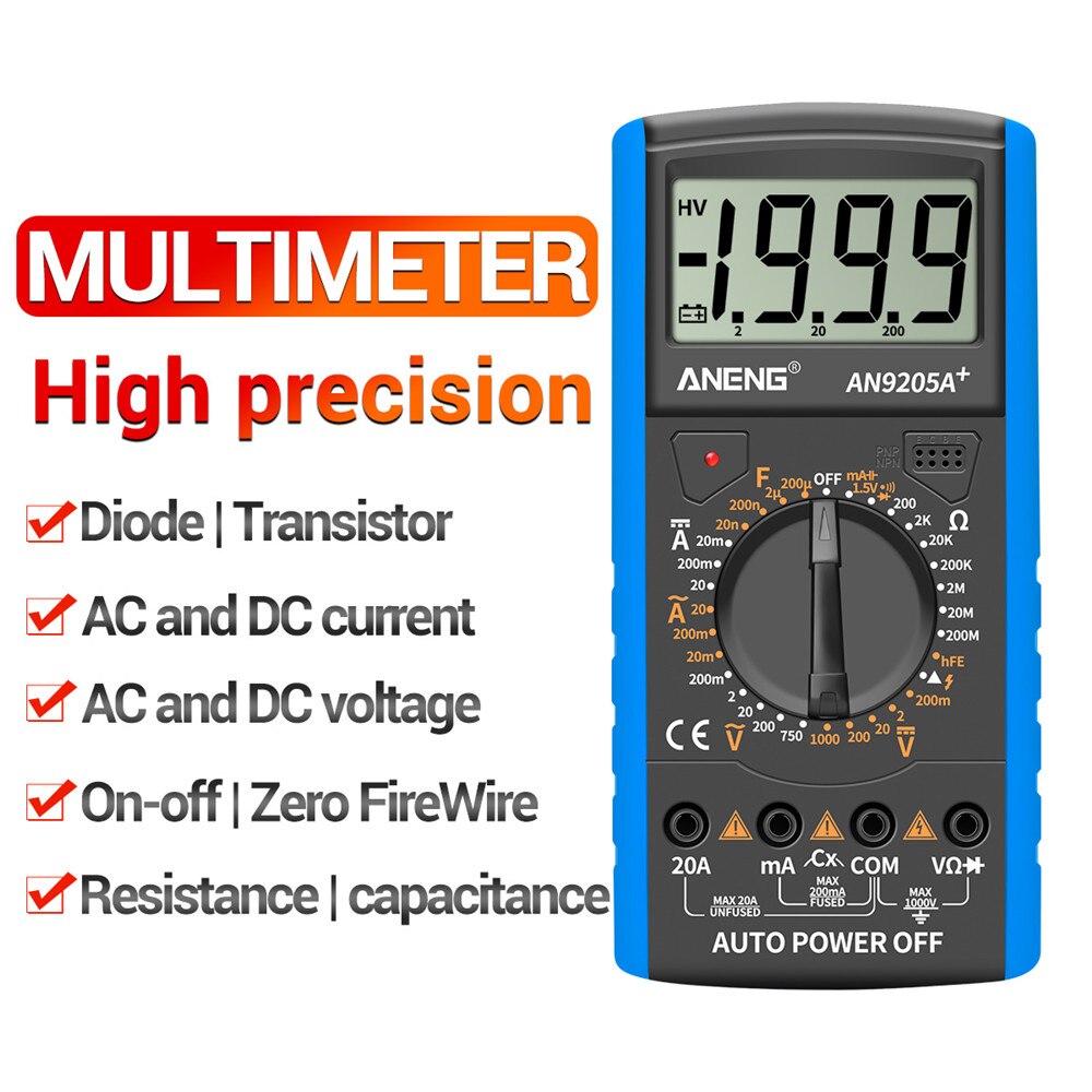 ANENG DT9205A+Digital Multimeter LCD Display Manual Range AC DC Resistance Capacitance Transistor Tester Ammeter NCV Test Meter: Blue