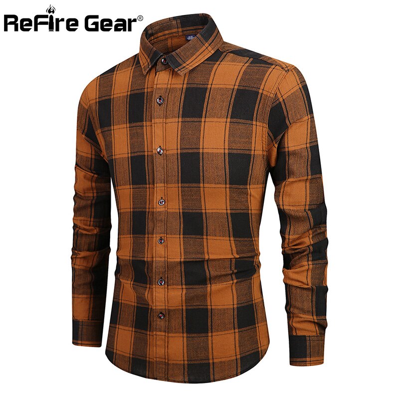 Refire varusteet miehet kevät rento ruudullinen paita slim fit tyylit puuvilla pitkähihaiset paidat miesten pehmeät mukavat ruutuvaatteet