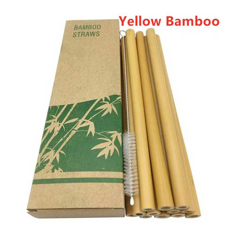 10 pieces/set of natural eco-friendly bamboo straws reusable kitchen tools with cleaning brushes and paper box party supplies: Yellow Bamboo