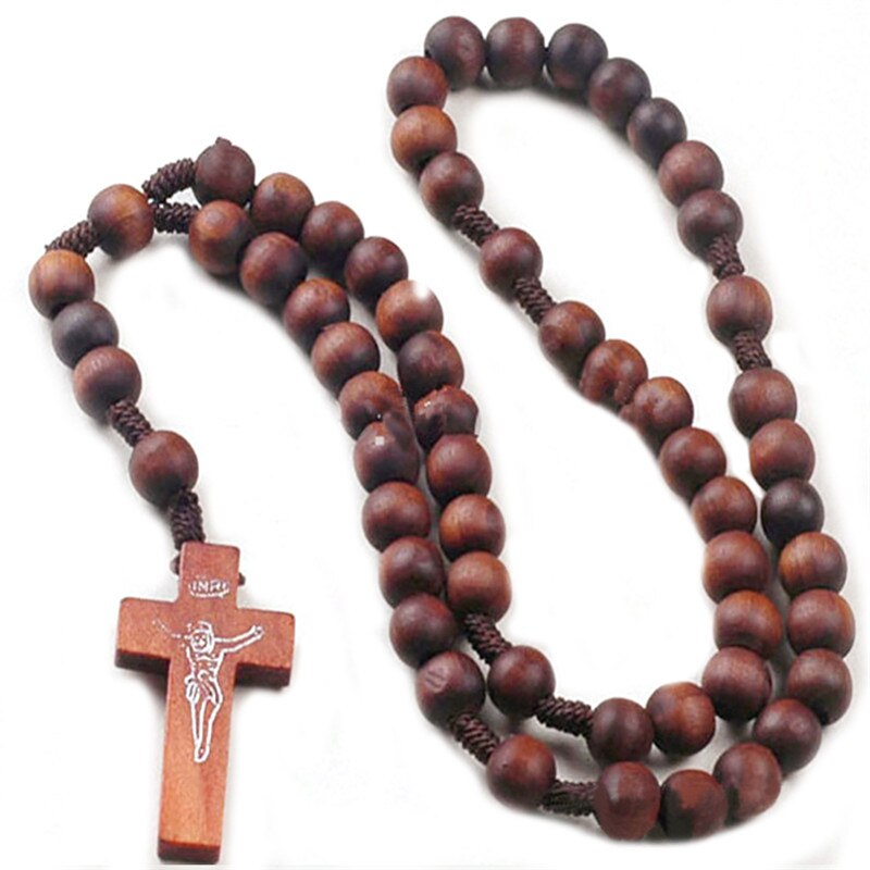 Cross vintage style herretøj kvinders katolske christ wood rosary perler cross vedhæng halskæde 4 farver til: Kaffe